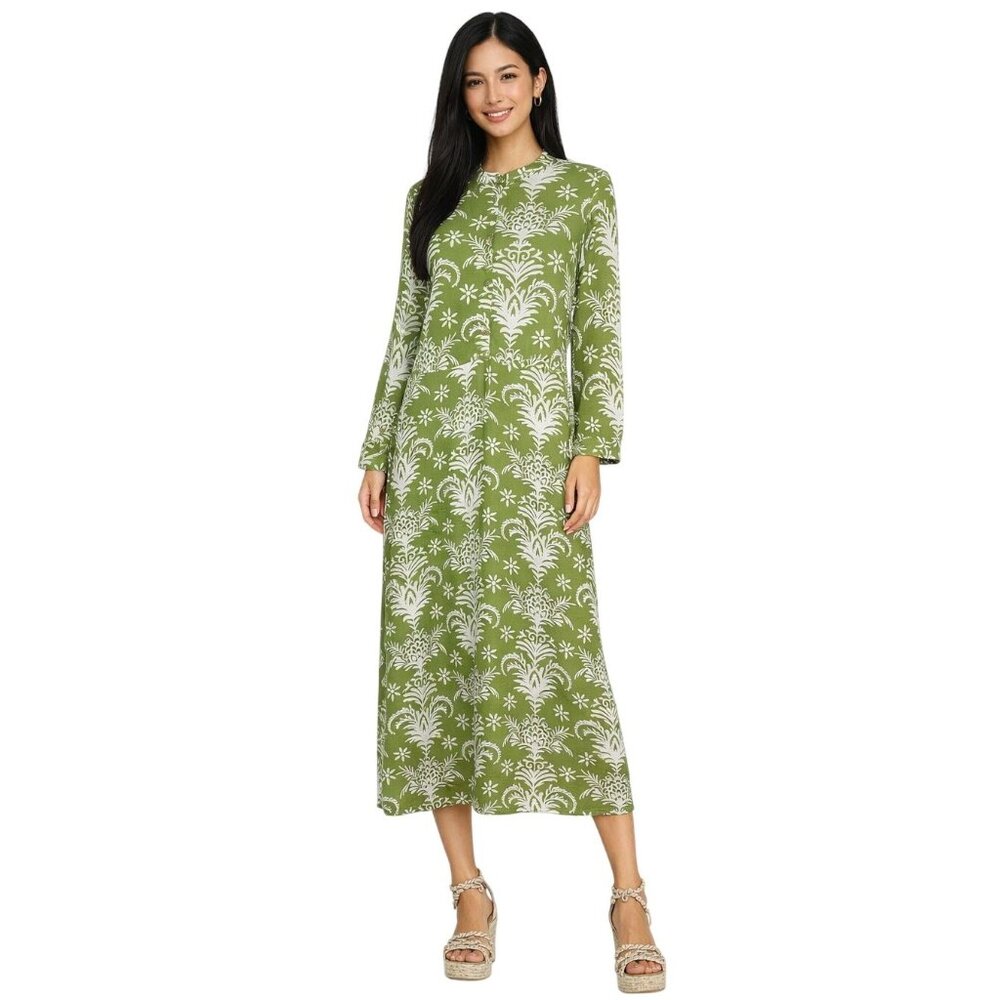 ZARA Green & White Floral Print Long-Sleeve Midi Dress